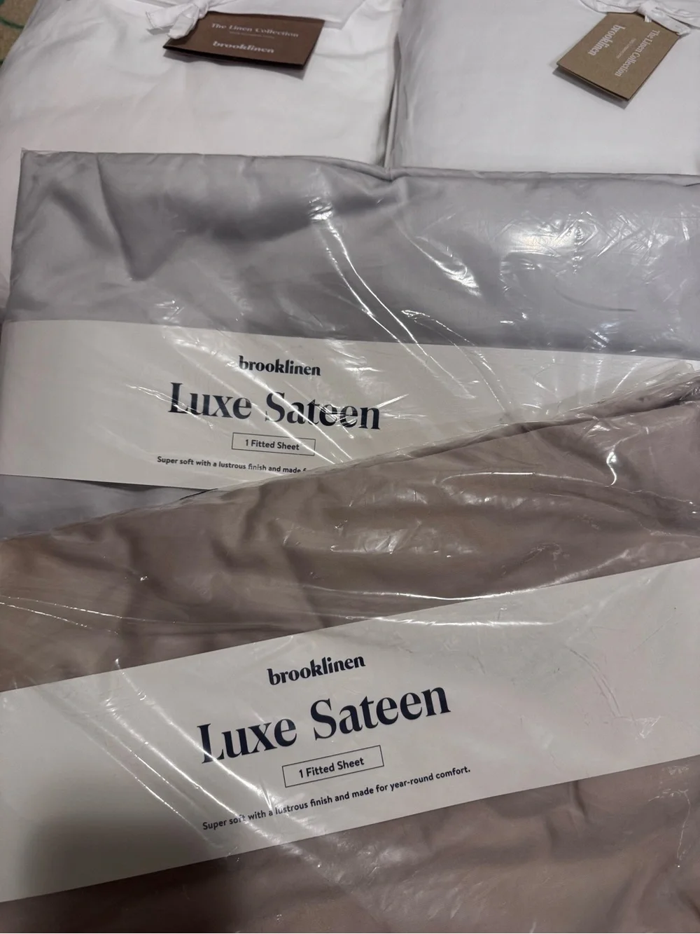 Brooklinen Luxe Sateen Sheets - White, Light Gray, Taupe